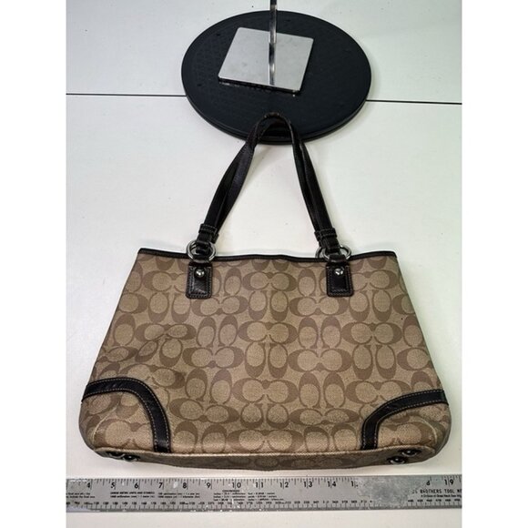 Coach Brown Peyton Signature Logo Heritage Handbag Leather Tote EUC - Picture 5 of 11